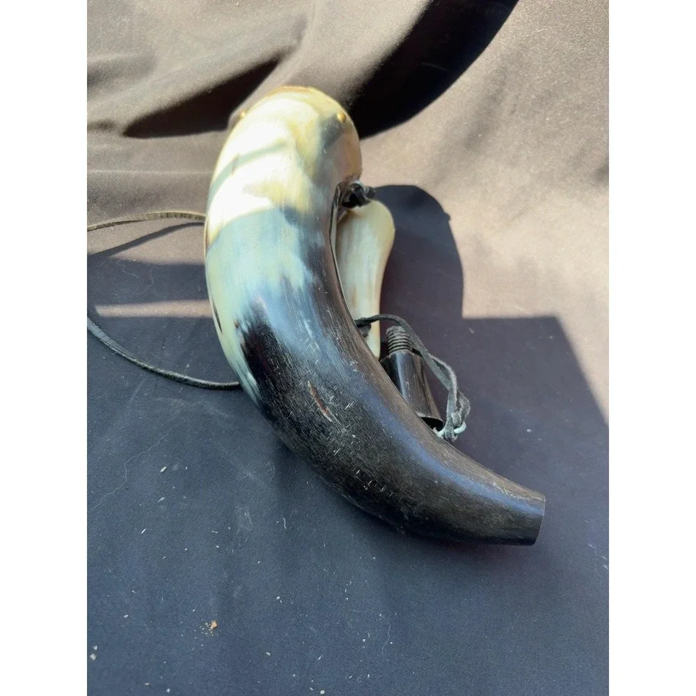 Vintage Black Powder Cow Horn Powder Horn Flask w/ Horn Charger Leather Strap
